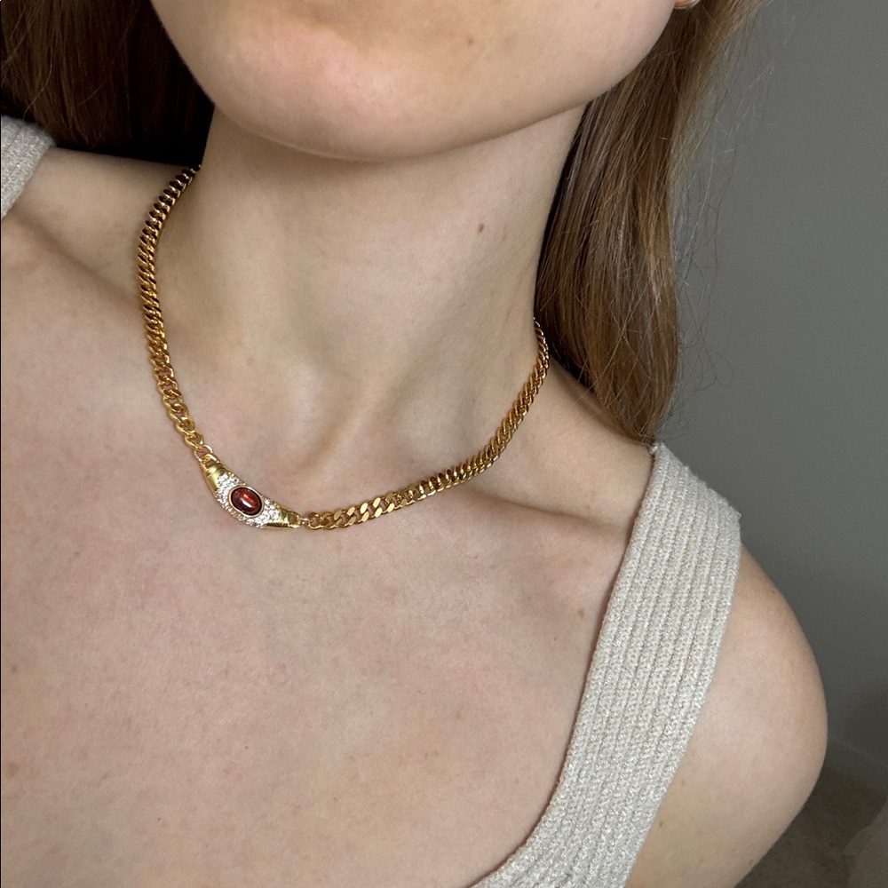 Elegant Gold necklace with cz stones and Red Gemstone